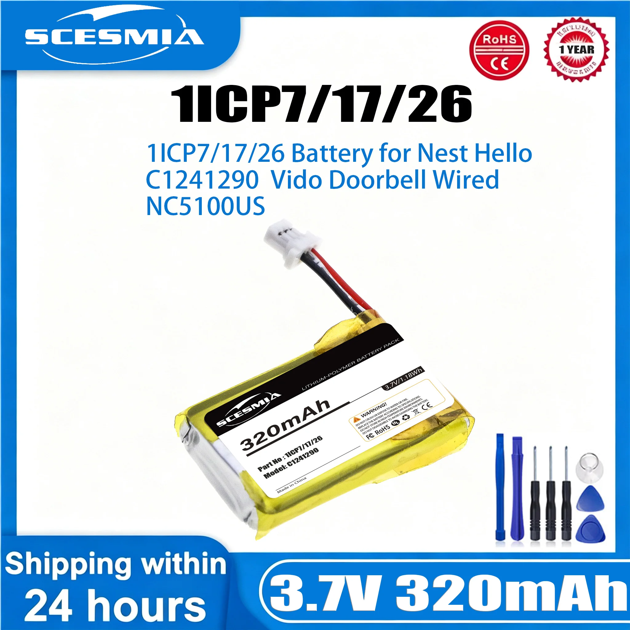 3.7V 320mAh Home Security Camera Battery 1ICP7/17/26 for Nest Hello, NC5100US, C1241290, Vido Doorbell Wired +TOOL