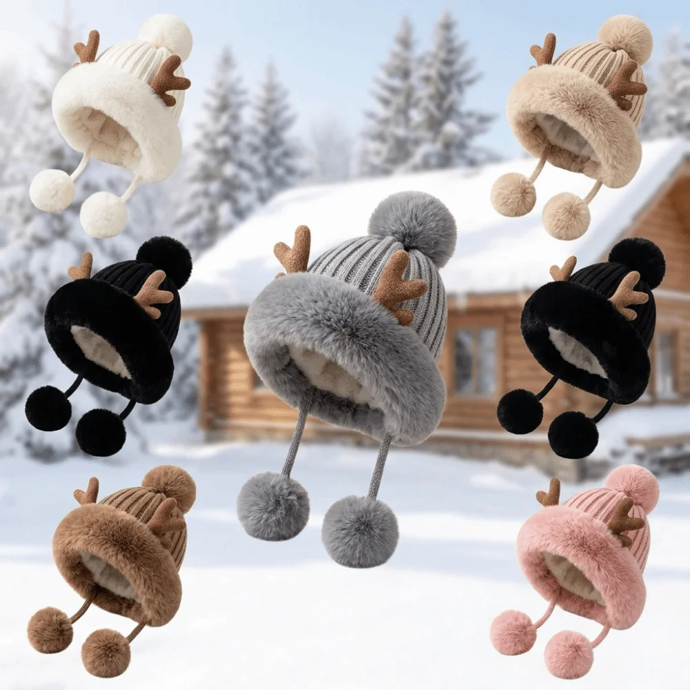 Cozy Thick Knit Trapper Hat Warm Insulation Deer Antler Design Knit Beanie Pom-Pom Detail Winter Hat Winter Season
