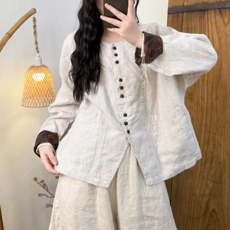 

Весенне-летние женские однобортные куртки в стиле искусства с круглым вырезом, винтажное свободное пальто из хлопка и льна высокого качества с двойными карманами TH109