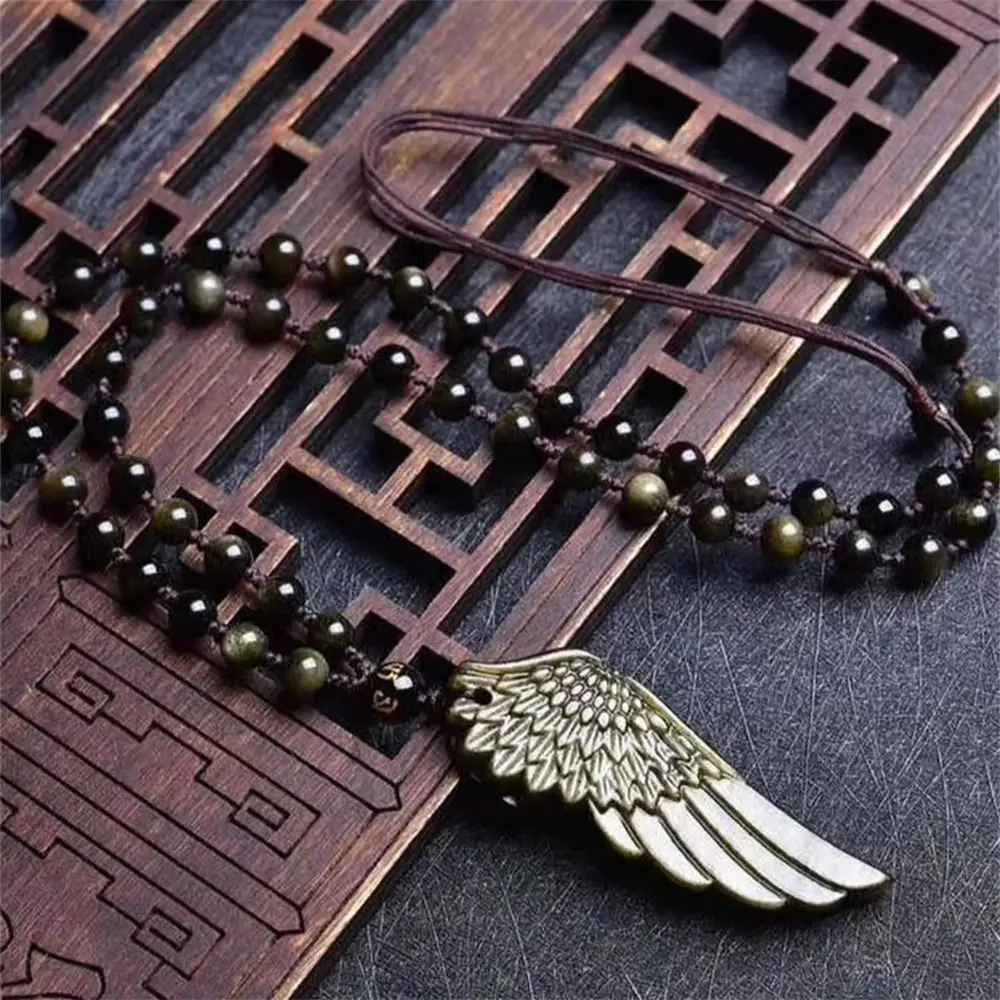 Natural Golden Obsidian Angel Wing Pendant Gold Sheen Volcanic Glass Crystal Carving Reiki Healing Home Decor Gift