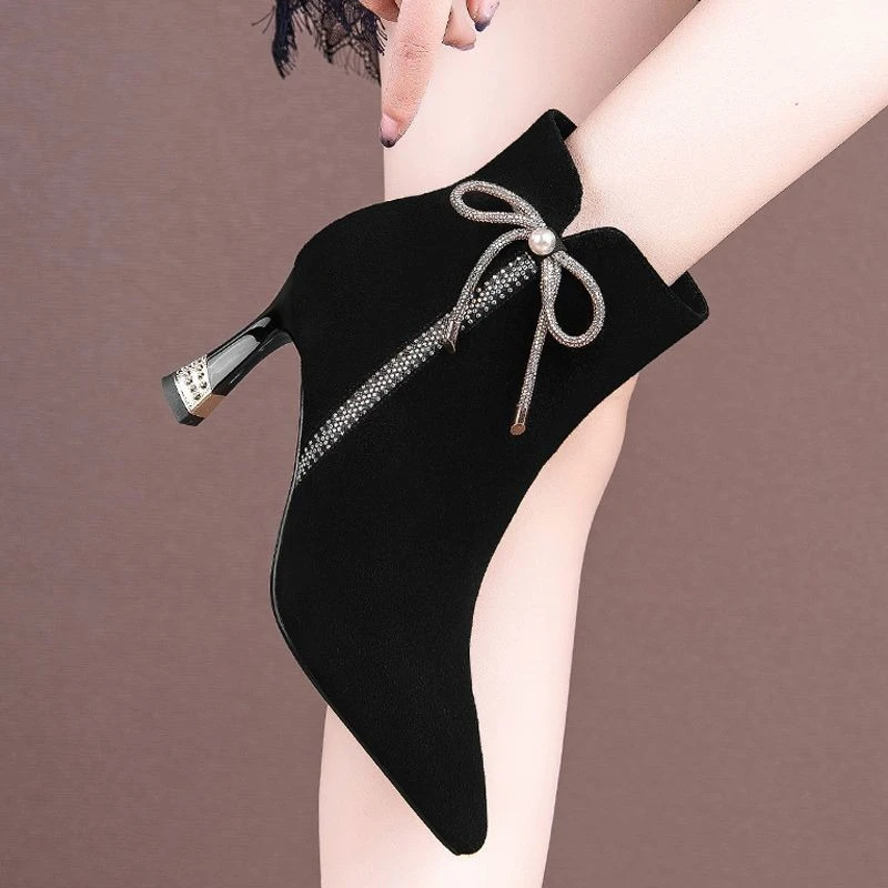Elegant Pointed Toe Slim High Heel Booties Women Suede Rhinestone Tassel Autumn Winter Fashion Trendy Ankle Boots