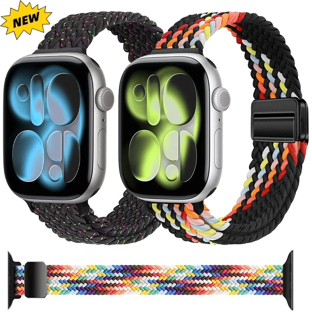 Nylon-Geflechtarmband für Apple Watch Series Ultra 3 2 49mm 11 10 46mm 42mm mit Magnetverschluss, elastisches Band für iWatch 9 8 7 6 5 SE3