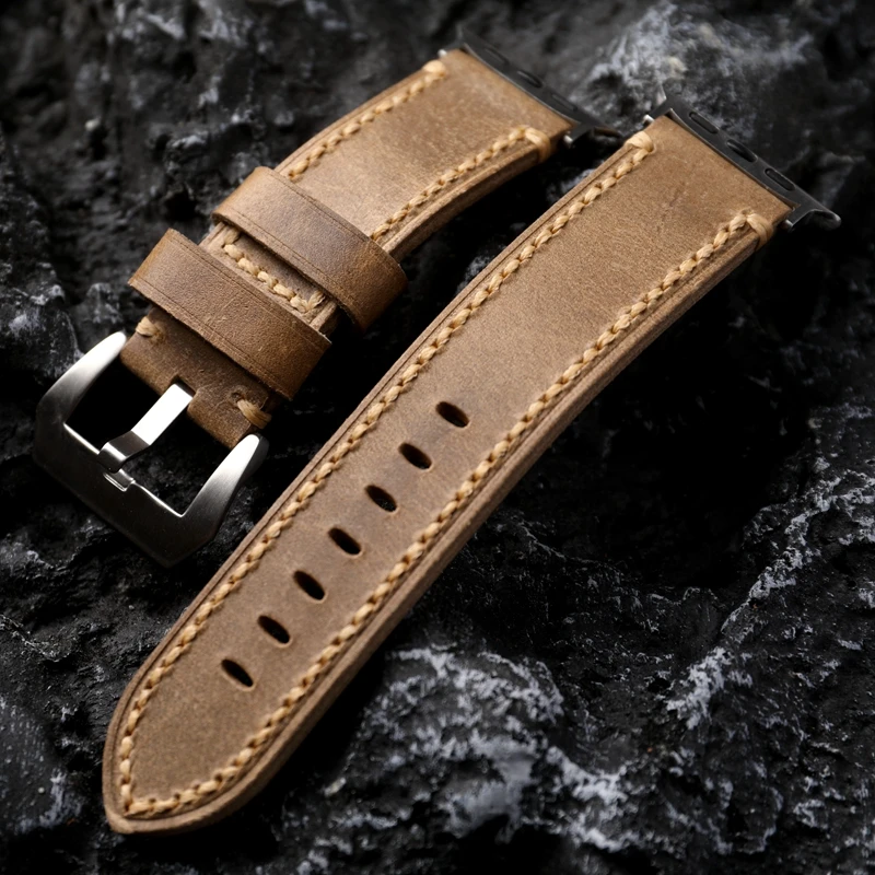 Handmade Custom For Apple Applewatch Ultra Watch Strap 49MM 45MM Vintage Brushed Leather Men\'s Bracelet