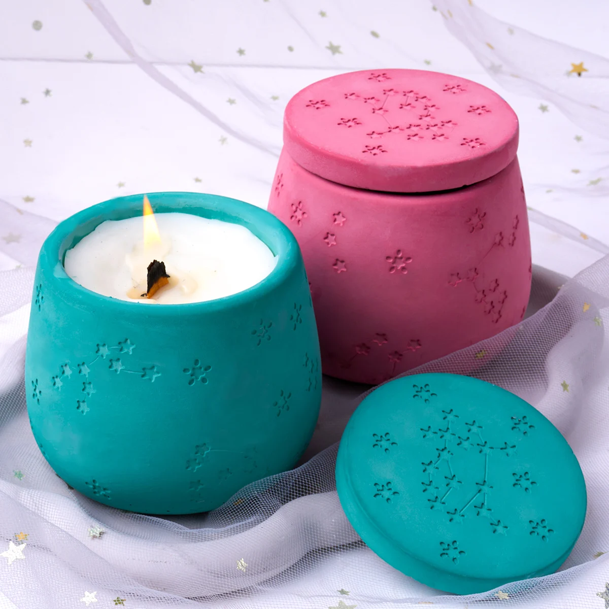 Starry Constellation Candle Cup Silicone Mould With Lid DIY Gypsum Storage Jar Flower Pot Pouring UV Epoxy Resin Mold Home Decor