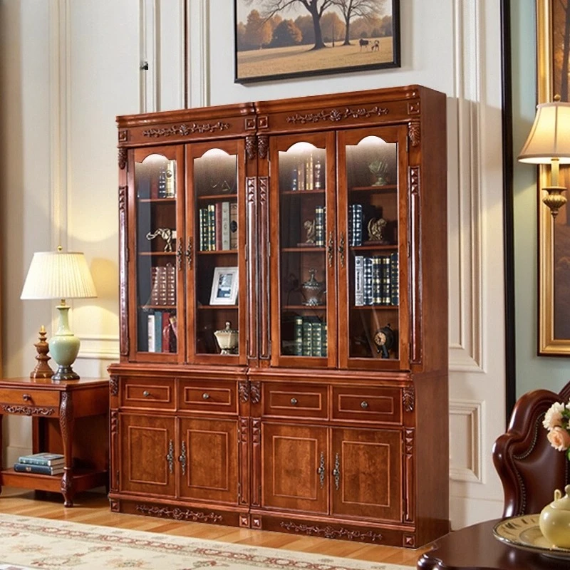 

American combination bookcase with glass door Solid wood retro bookcase Bookshelf against the wall Study floor storage cabinet