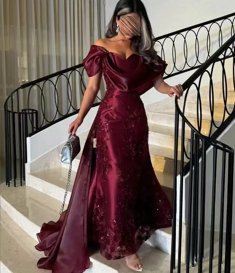 

Burgundy Elegant Formal Gown Off the Shoulder Shiny Sequins Prom Dress Appliques Trailing Chic Woman Evening Dress Customized
