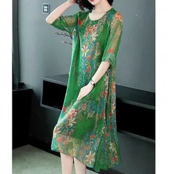 Vintage Printing O-Neck Spliced Gauze Loose Floral Dress Women's Clothing 2024 Summer New Oversized Office Lady Midi Dress