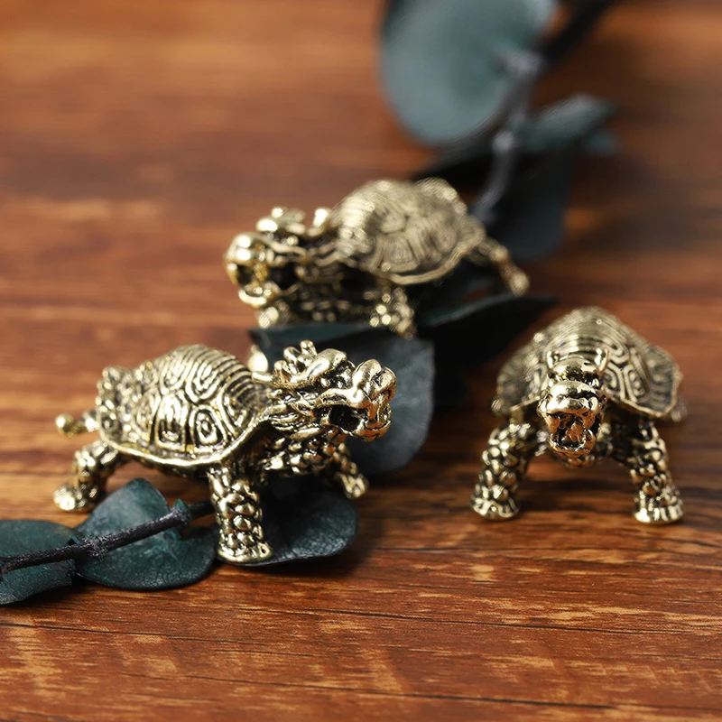 Retro Imitation Brass Dragon Turtle Figurine FengShui Key Chain Pendant Ornament