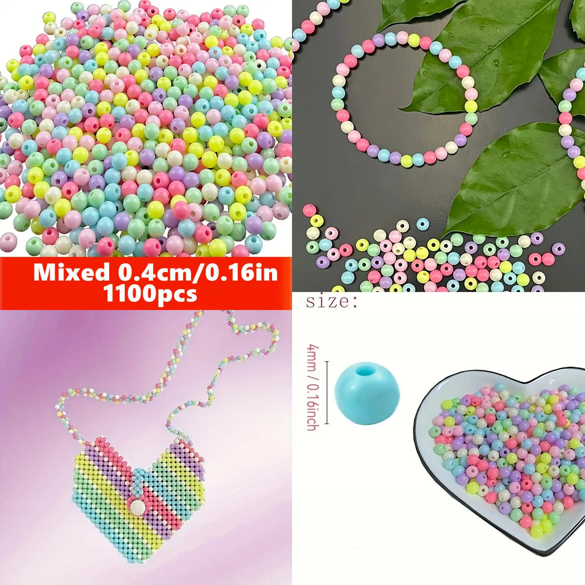 1100pcs 4mm Pastel-colored Acrylic Round Beads, Assorted Multi-color Candy-style Pastel Beads, For DIY Making