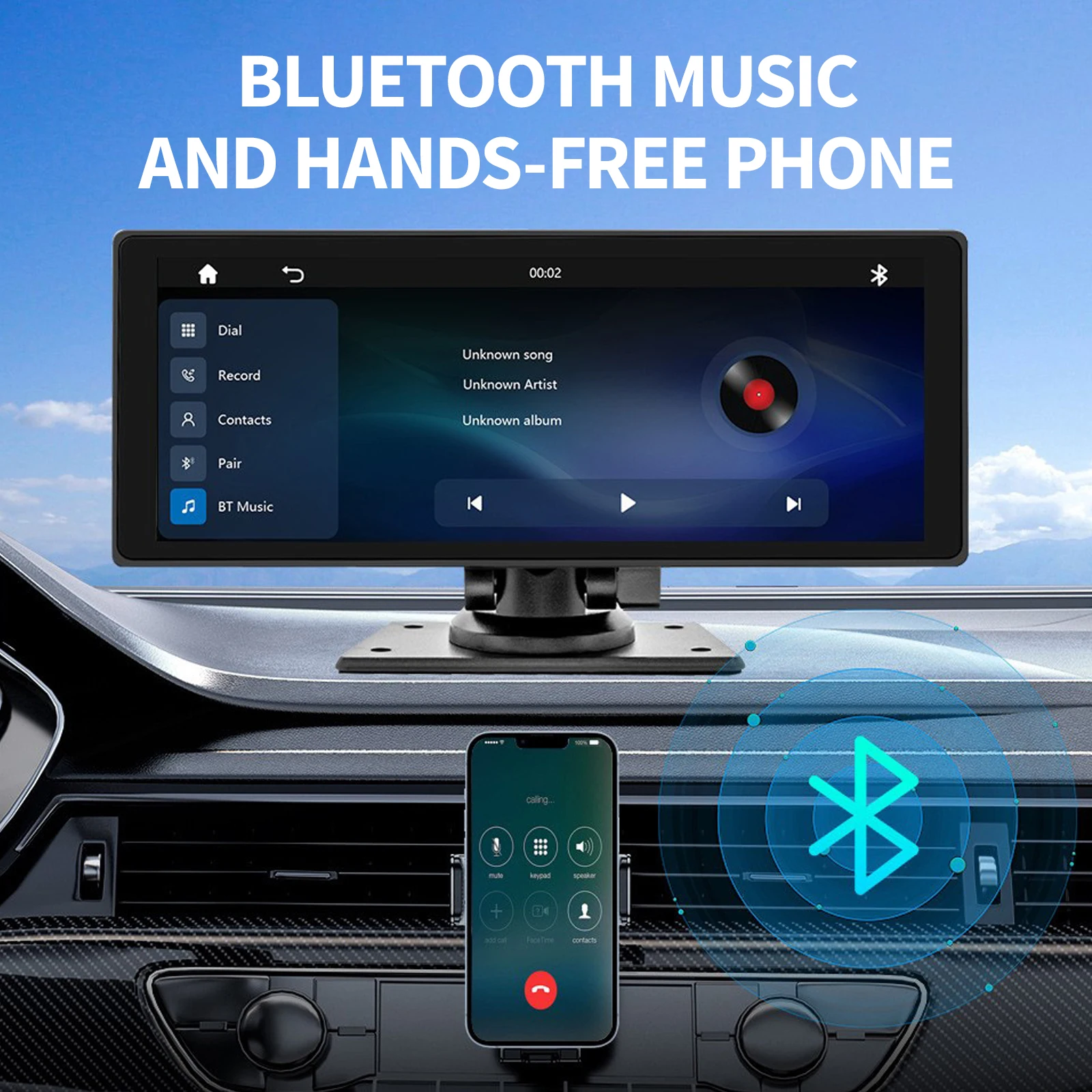 10.26inch Portable IPS High Brightness Touch Screen Carplay&Android Auto WiFi Bluetooth Hands-Free Phone Rear view Camera