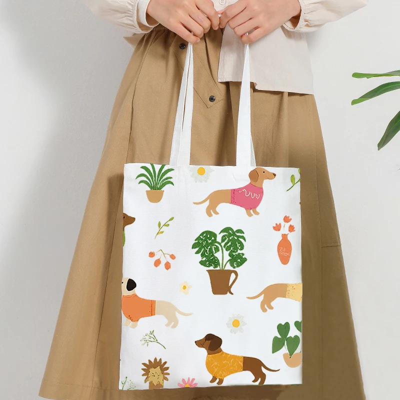 Cute Dachshund Houseplant Print Canvas Tote Bag Cartoon Dog Green Plants Reusable Shopping Handbag Casual Shoulder Gift Bag