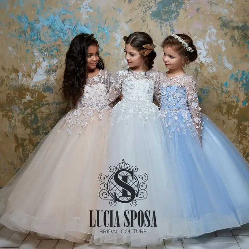 FATAPAESE Flower Girl Dresses for Kids Vintage Princess Lace Tulle Skirt Illusion Lace Floral with Bow A Line Wedding Even Party