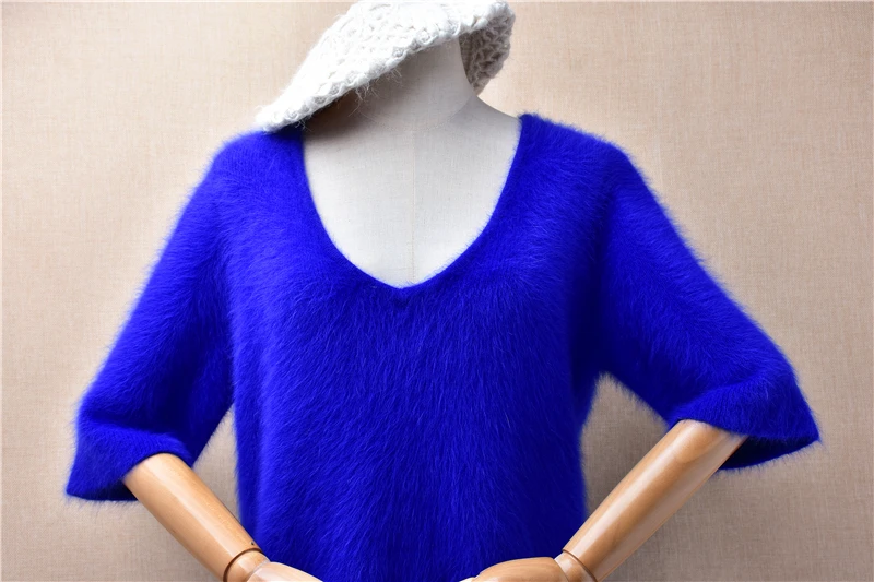 Ladies Women Autumn Winter Clothing Blue Hairy Mink Cashmere Knitted Short Sleeves Slim Blouses Angora Fur Sweater Jumper Pull
