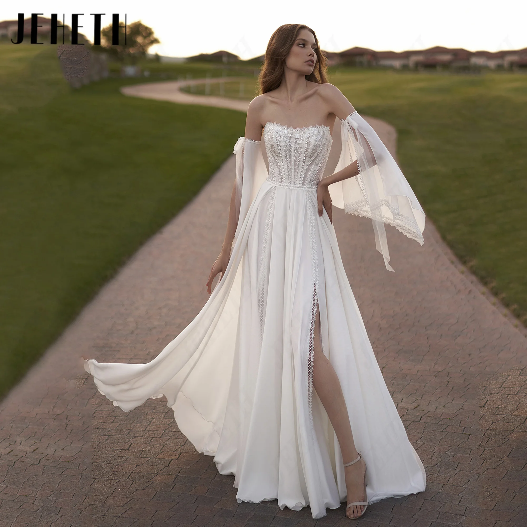 JEHETH Strapless High Side Slit Wedding Dress Chiffon Bridal Dresses Customized A Line Detachable Cape Sleeve Bride Gowns