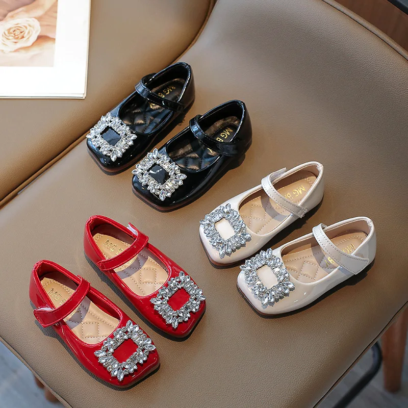Retro Rhinestone Square Buckle Girls' Princess Shoes New Patent Leather Square Toe Flat Shoes Children's Single Shoes