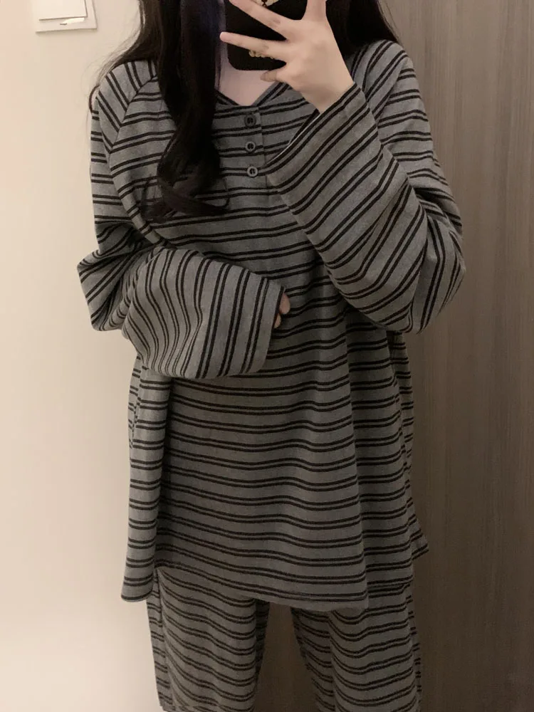 Large size 100kg striped pure cotton long sleeved pajama set for women\'s spring autumn 2024 new autumn can be worn externally