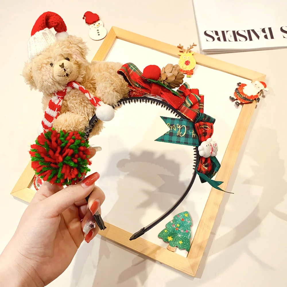 

Головной убор с бантом, милый вечерние аксессуары для волос, плюшевая повязка на голову с медведем, праздничная рождественская повязка на голову на Рождество, Новый год, праздник