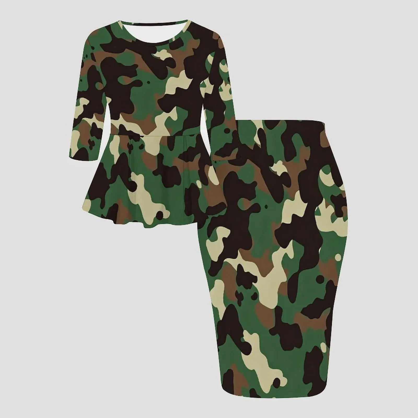Autumnand Winter Crew Neckthree-quarter Sleeve  Ladies Tight-fitting Knee-length SkirtRetro Elegant Printed Party Two-piece Set