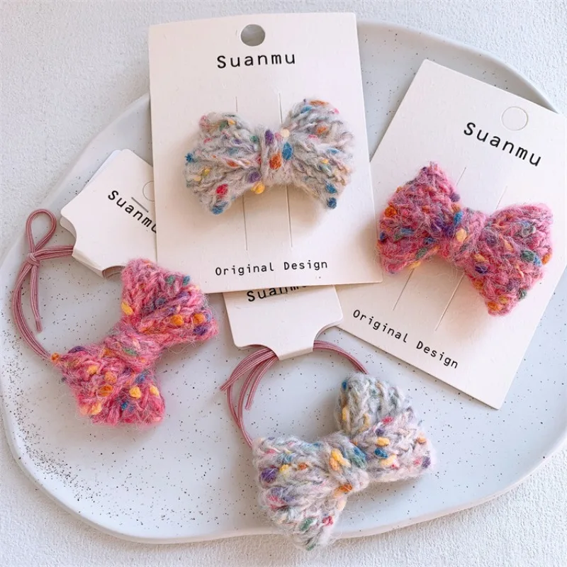 

Красочные шерстяные заколки-бантики для волос, резинки для девочек, эластичные держатели для хвоста, заколки для боковых прядей, милые аксессуары для волос для малышей