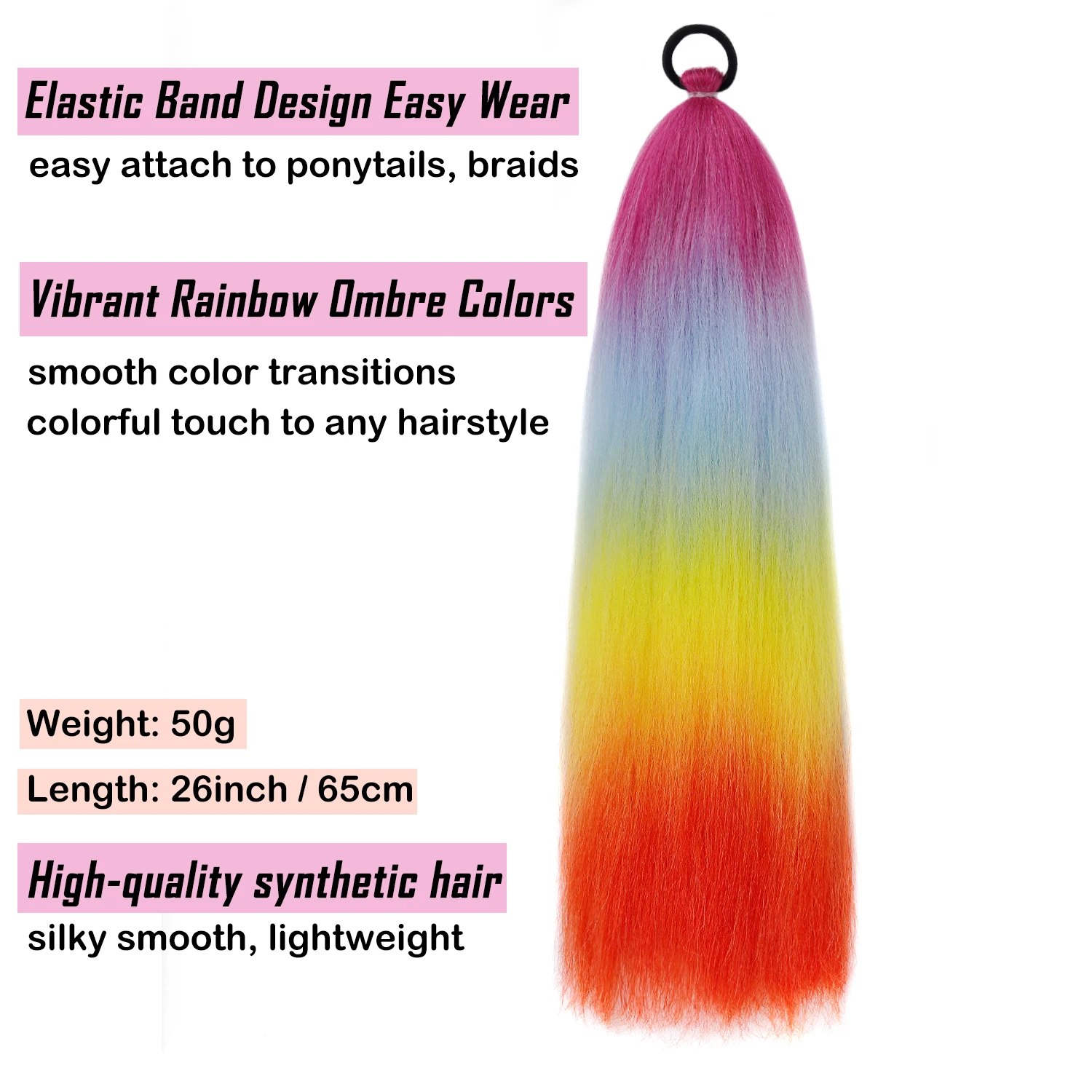 Ponytails Yaki Straight Ombre Rainbow Synthetic Ponytail Hair Extensions with Elastic Tie for Ladies Girls Cosplay Halloween