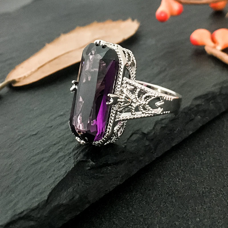 S925 Silver Ring Jewelry 10*20mm Amethyst Hollow Carving flowers Boutique Jewelry Ring Women Wedding Engagement Birthday Gift