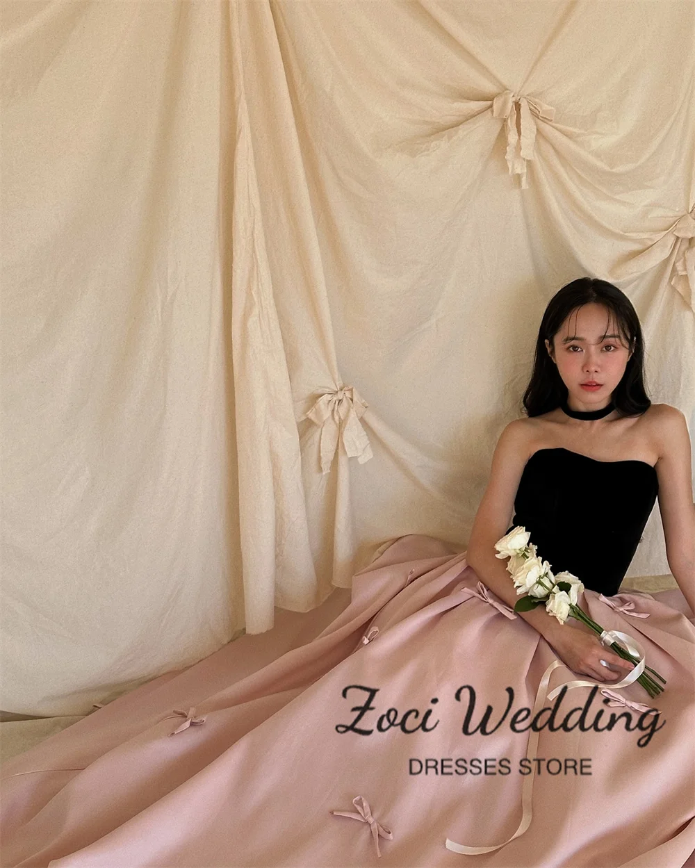 Zoci Contrast Color Fairy Evening Dresses Strapless A-line Bow Photo Shoot Dresses Customized Korea Wedding Reception Dresses