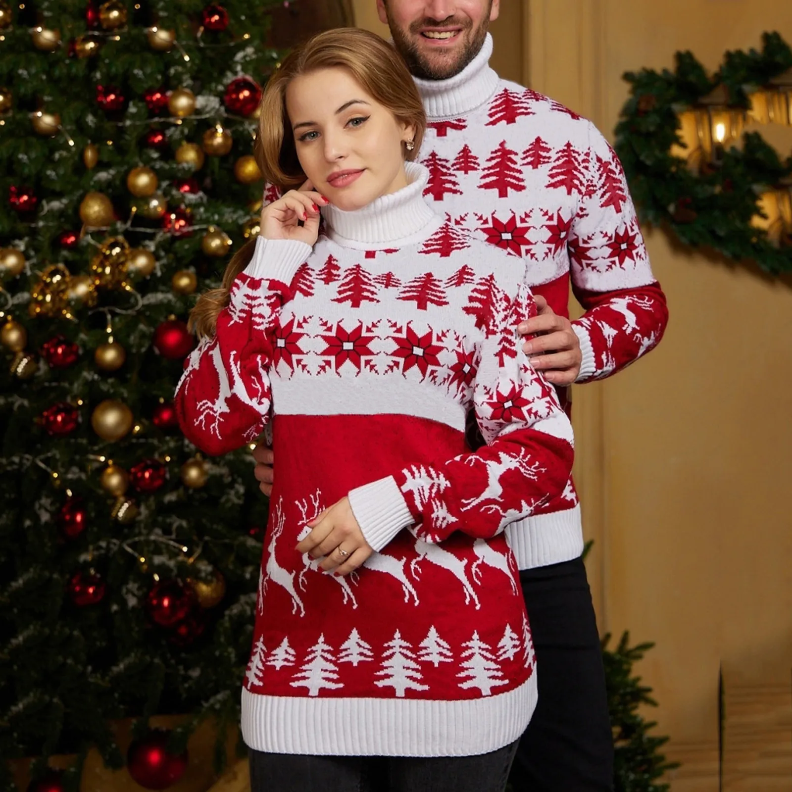 Suéter de punto de cuello alto para mujer, jersey de árbol de Navidad, suéteres gruesos, tema navideño, Otoño e Invierno