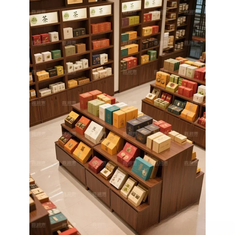 Solid wood tea shop stepped Nakajima display stand sample display stand commercial display case set table Nakajima cabinet