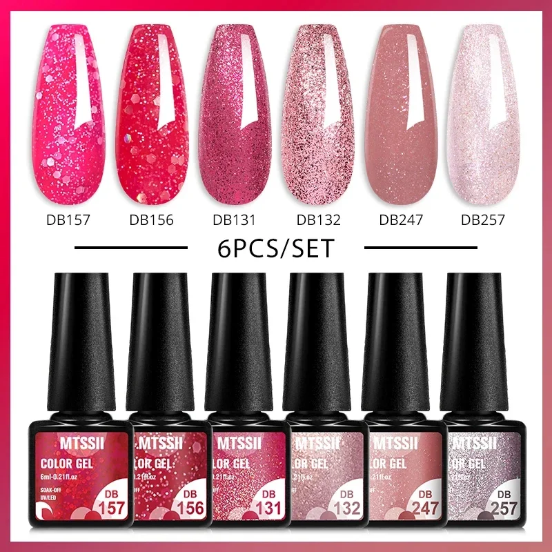 Mtssii 6Pcs/Set Sea Blue Purple Glitter Gel Nail Polish Peach Pink Color Semi Permanent Nail Art Gel Vernish For Manicure Kits image 2