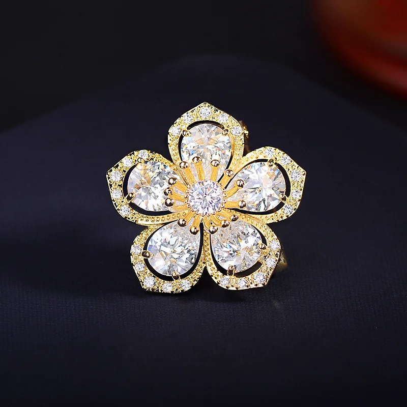 Chinese Style Lucky Auspicious Cherry Blossom Brooch Micro Paved Zircon Lapel Pin For Women Suit Dress Party Jewelry Gold Silver