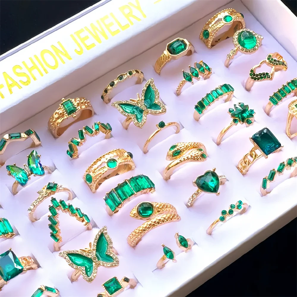 Conjunto de anillos de Rheinstone verdes de moda de 20 piezas para mujeres y hombres mezcla de serpiente corazón amor mariposa Spakling joyería regalos de fiesta