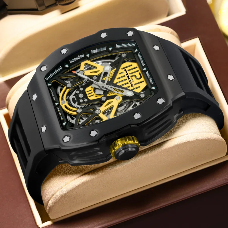 PINDU Design Automatic Watch For Men Hollow Mechanical Luminous Waterproof Casual Business Brand Wine barrel Wristwatch
