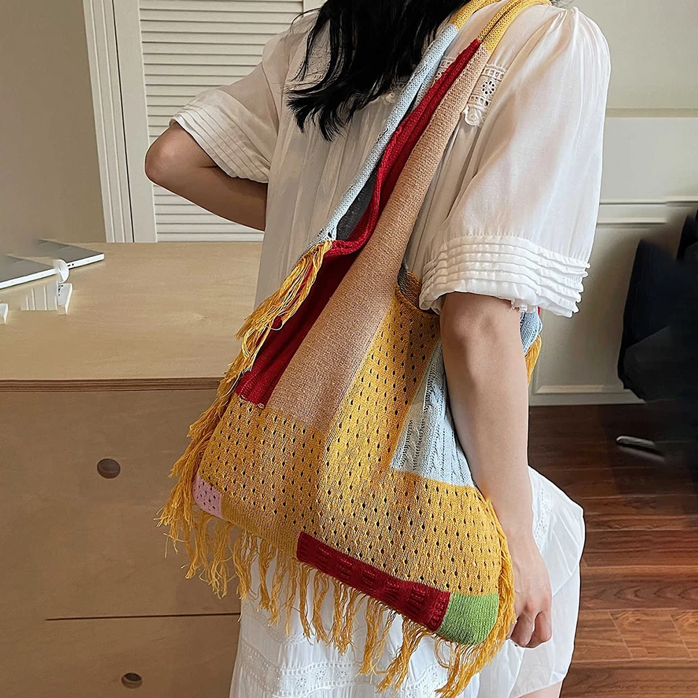 

Casual Large Capacity Knitted Totes Bag for Women 2025 New Versatile Patchwork Contrast Color Hollow Out Shoulder Bags Commuting
