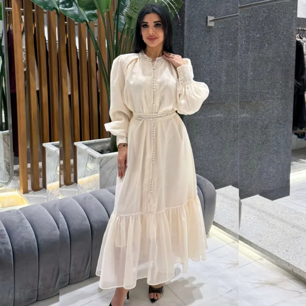 

Customized Chiffon Pearl A-line Jewel Midi Dresses Bespoke Occasion Simple Sizes Available High Quality