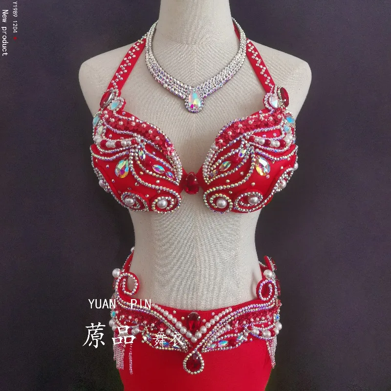 Customized Belly Dancewear Rhinestone Accessories Group Stage Suit Performance Costume Belly Dancing Bra Tassel Split Skirt Set