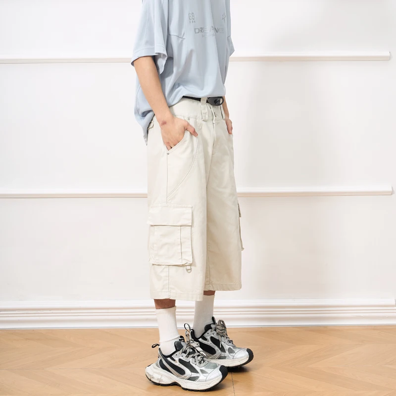 ผู้ชายคู่เอวStreetwear Vintageแฟชั่นหลวมสบายๆขากว้างความยาวลูกวัวสั้นกางเกงผู้หญิงY2kกางเกงกางเกง