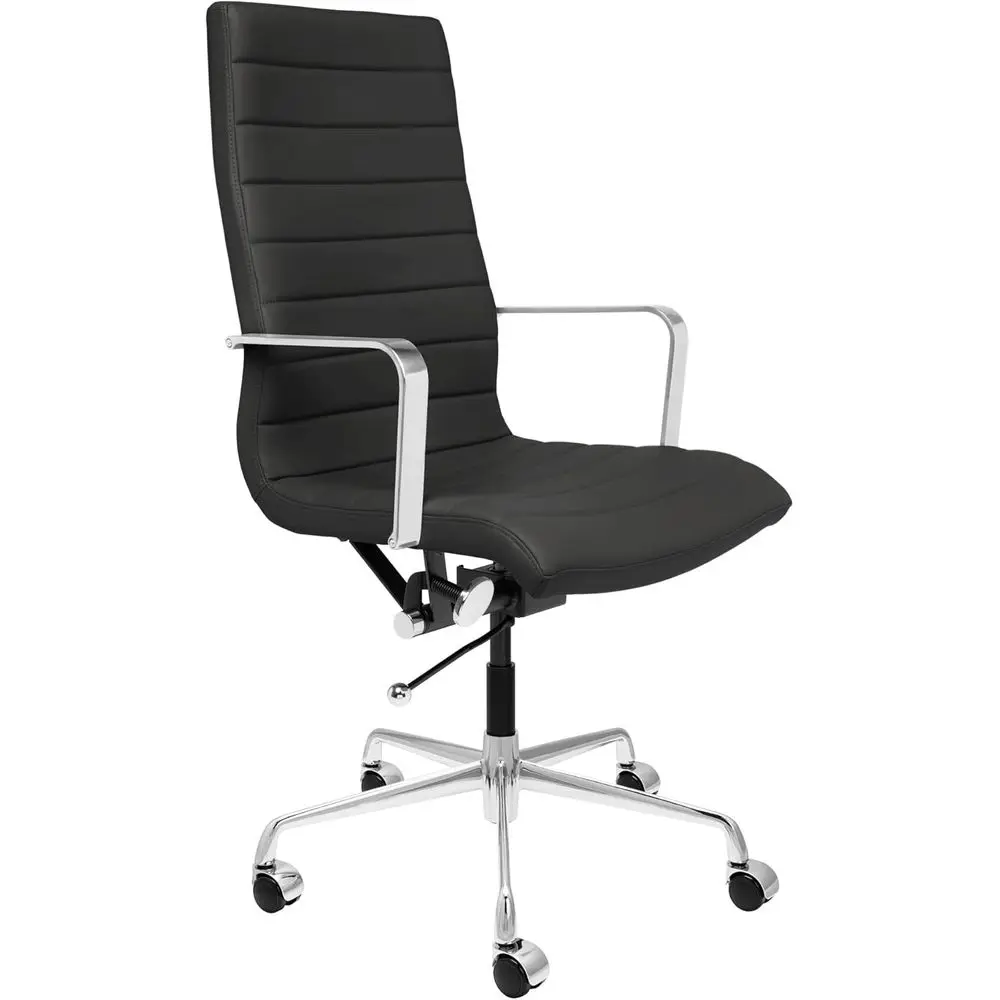 

Ribbed Tall Back Office Chair with Armrests, Swivel, Cushion, Leather-Look, Black Computer Chair
