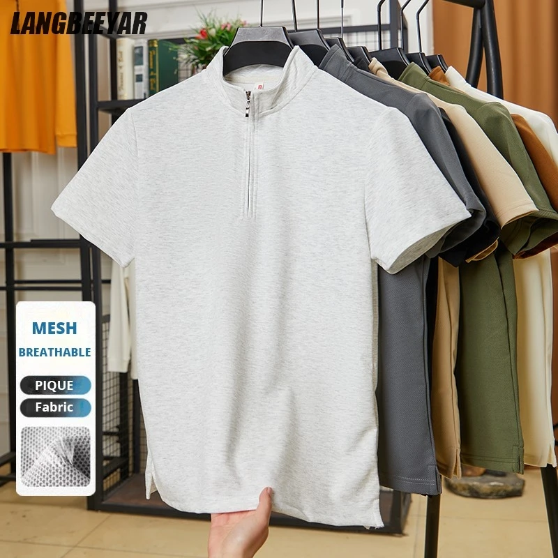 

Top Grade PIQUE Fabric New Summer Brand Tops Trending Men Tshirt With Zipper Short Sleeve Casual Fashion Mens Clothing 2025
