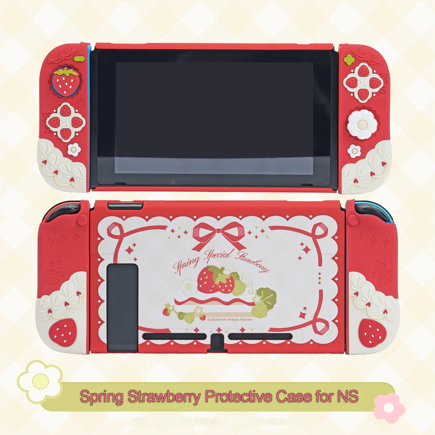 Geekshare siliconen beschermhoes en JoyCon Cover voor Nintendo Switch/OLED met 1 paar aangepaste duimgrepen, lente aardbei