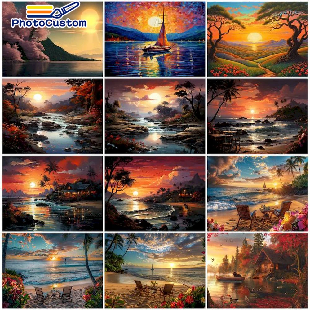 PhotoCustom DIY Painting By Numbers Complete Kit Oil Paints Scenery Picture By Numbers Sunset Handmade For Adults Home Decor Art