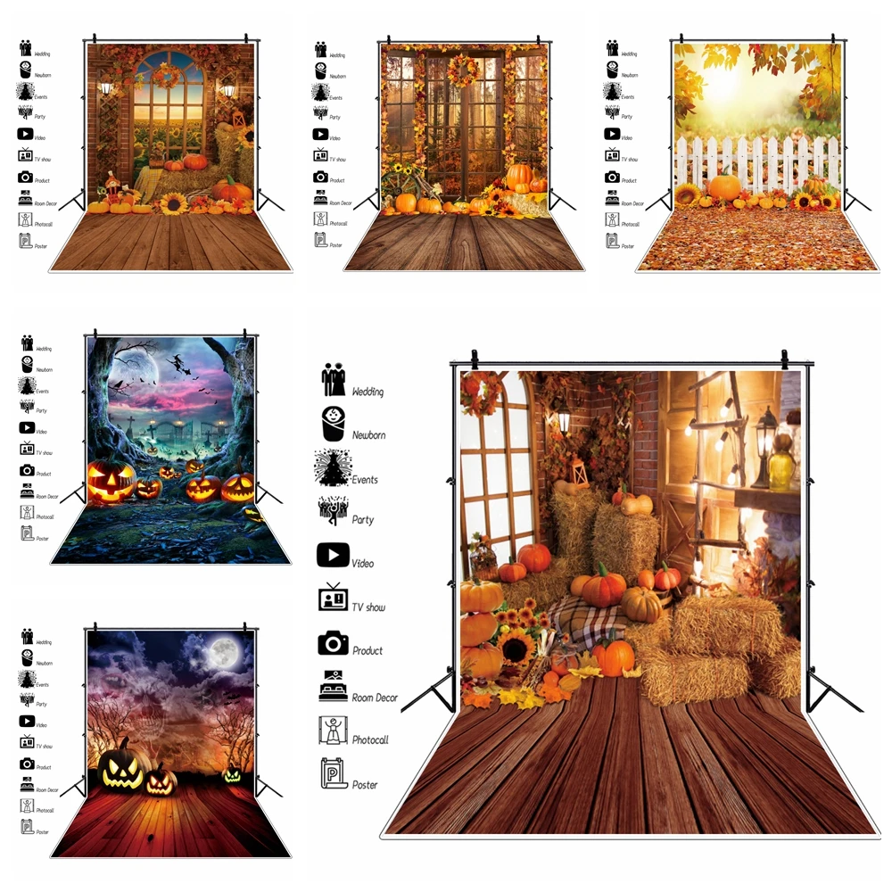 Halloween Bat Photography Backdrop Brown Wood Floor Autumn Fall Hay Pumpkin Maple Leaves Baby Portrait Photographic Background