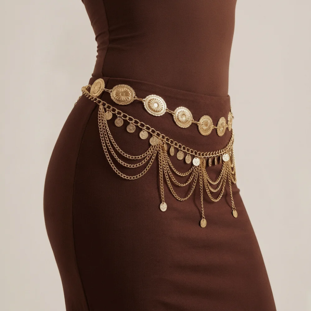 Ethnic Style Hollow Out Multi Layer Waist Chain Elegant Shiny Fringe Belt Tassel Delicate Dance Accessories Belly Dance