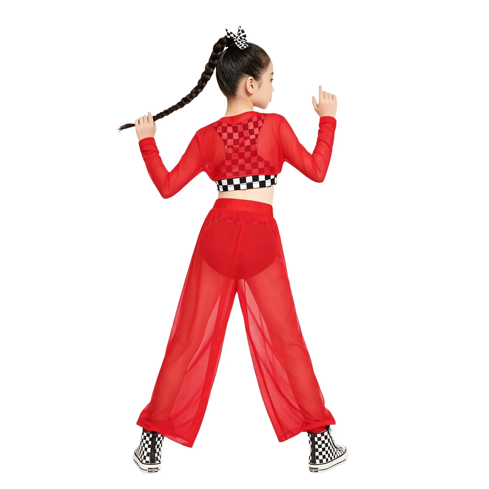 Kids Girls Hip Hop Jazz Dance Outfit Race Car Driver Costume Checkerboard Vest Mesh Crop Top with Pants Sportswear Streetwear
