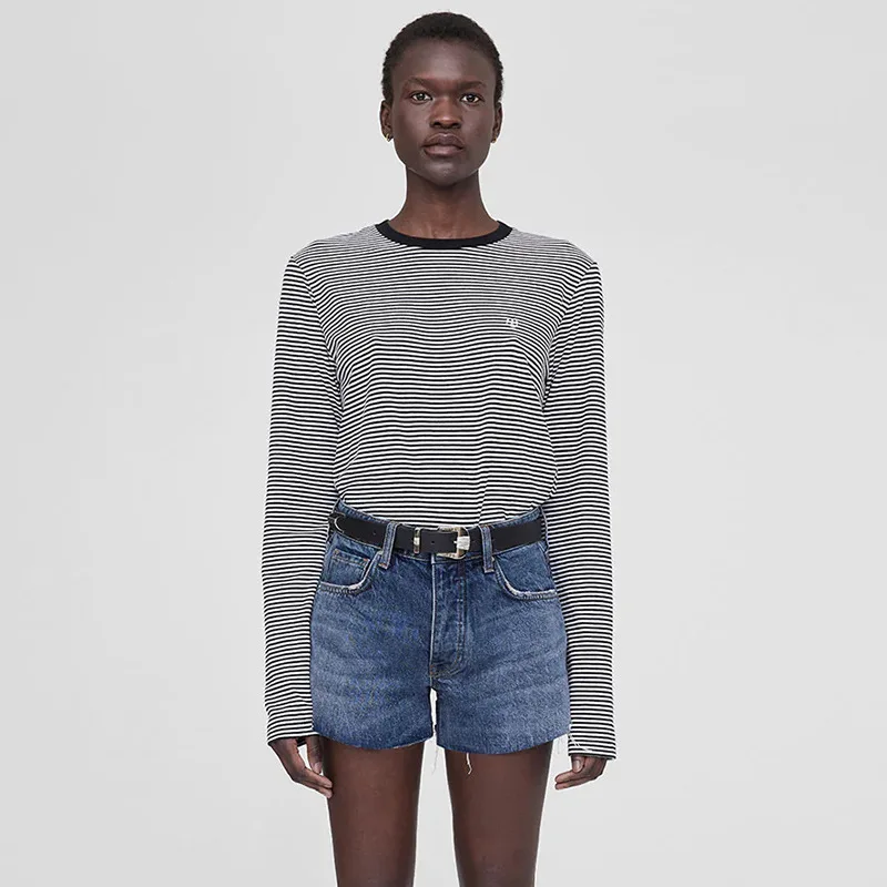 

Early Autumn New Striped Stripe Embroidery Embroidery Women's Cotton Crew Neck Long Sleeve T-Shirt