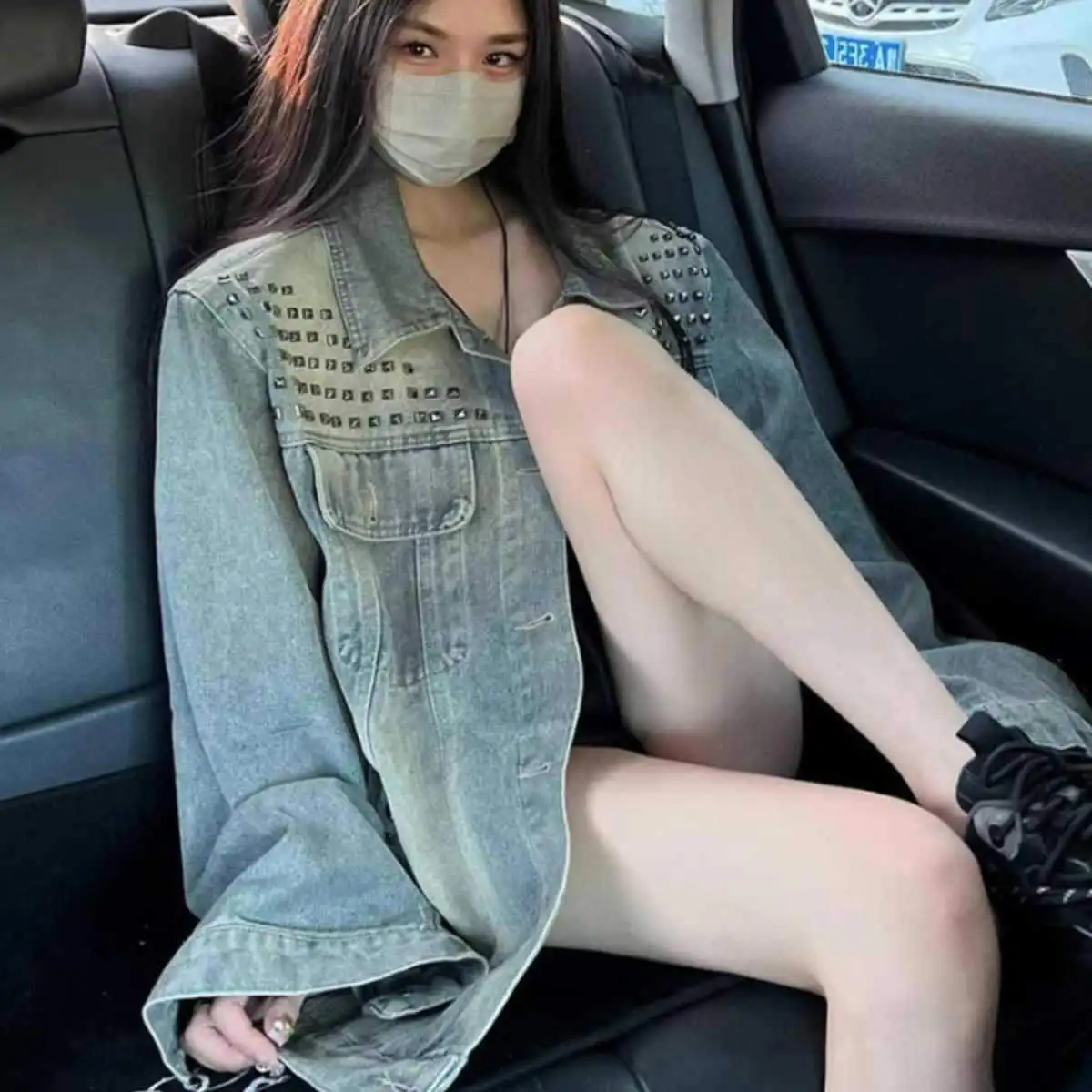 

Women's Loose Bf Lazy Sle Denim Jaet Spring Autumn Heavy Du Rivet American Retro Street Faion Cotton ort Coat