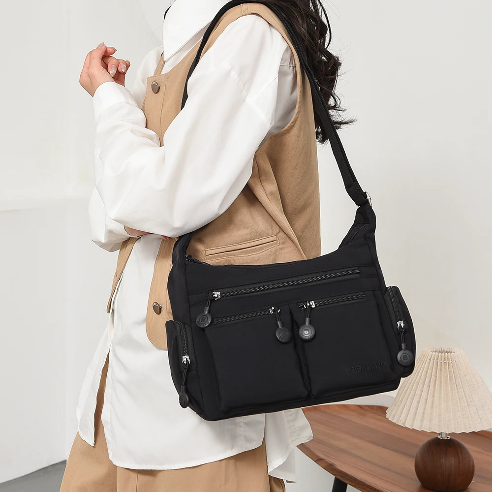 Leichte Damen-Umhängetasche aus Nylon mit mehreren Taschen, lässiger Oxford-Stoff-Reiserucksack, großer Tagesrucksack, Schultertasche B – Detail 14