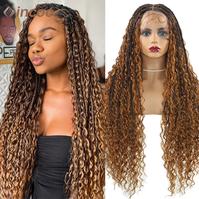 

Boho Box Braided Wigs Synthetic Curly Full Lace Front Wigs for Black Women Goddess Locs Braid Wig Blonde Bohemian Box Braid Wig