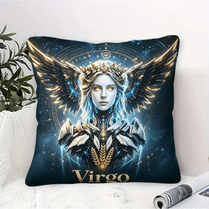 45x45cm Square Throw Pillow With Insert,Machine Washable,Skin-Friendly,Mechanical Style,12 Zodiac Signs Print Cushion for Sofa