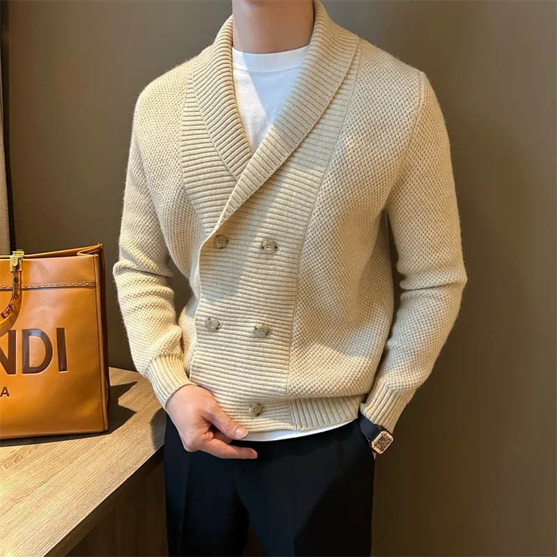 

Winter Men's Knitted Luxury Buttons Cardigan Sweatercoat Long Sleeve Casual Streetwear Suit Collar Solid Vintage Coat New
