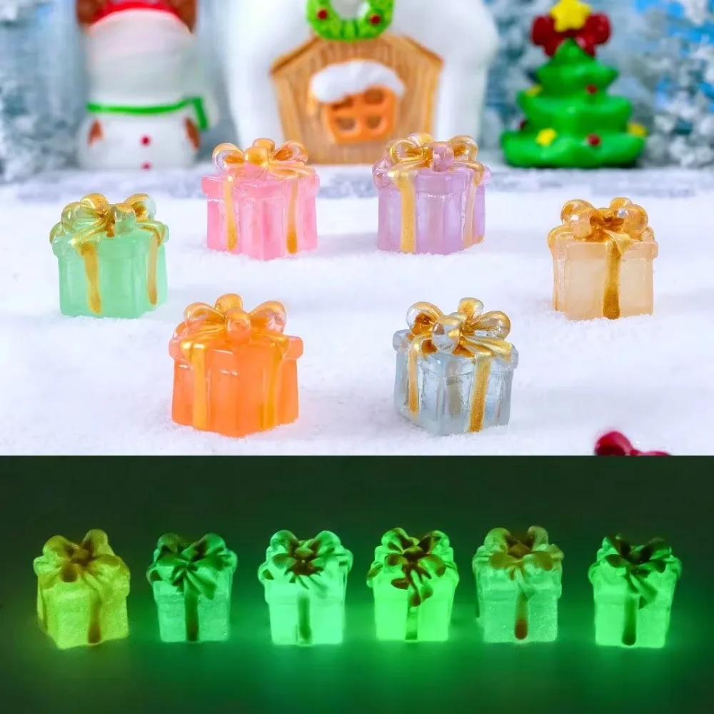 6PCS Micro Landscape Christmas Luminous Gift Box DIY Crafts Resin Xmas Luminous Small Figurines Cute Mini Car Small Ornaments